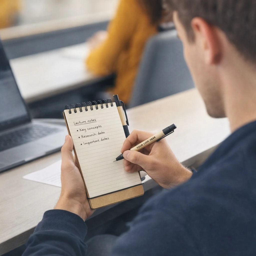 A student uses an Inked Notebook to take notes at a desk with a laptop nearby.