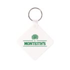 A square white keychain with a metal ring, featuring a green tree logo above the word MONTEITHS in uppercase green letters.