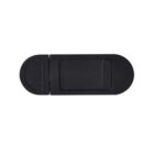 A black, oval-shaped webcam cover with a sliding mechanism is pictured. The cover is designed to attach over a webcam for privacy, with one side stationary and the other moving to reveal or conceal the camera lens.