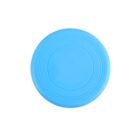 A bright blue plastic frisbee with a smooth surface and concentric circle patterns in the center, isolated on a white background.