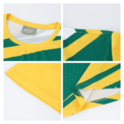Collage of a green and yellow sports jersey with angular stripes. Features close-ups of the neckline, sleeve, hem, and side detail with small perforated dots.