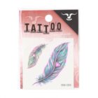 A package containing temporary tattoo designs of two colorful feathers. The larger feather has shades of blue, purple, and pink with small hearts, while the smaller one features similar colors. The branding reads Tattoo with a bull logo.
