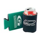 A black can holder with a soda can inside reads ITS A LATIN THING! Next to it is a green can holder with a logo featuring a lamp and the text LIGONIER.