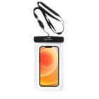 A smartphone with an orange and yellow screen is encased in a transparent, waterproof pouch. The pouch has a black seal and a detachable black lanyard attached for carrying.