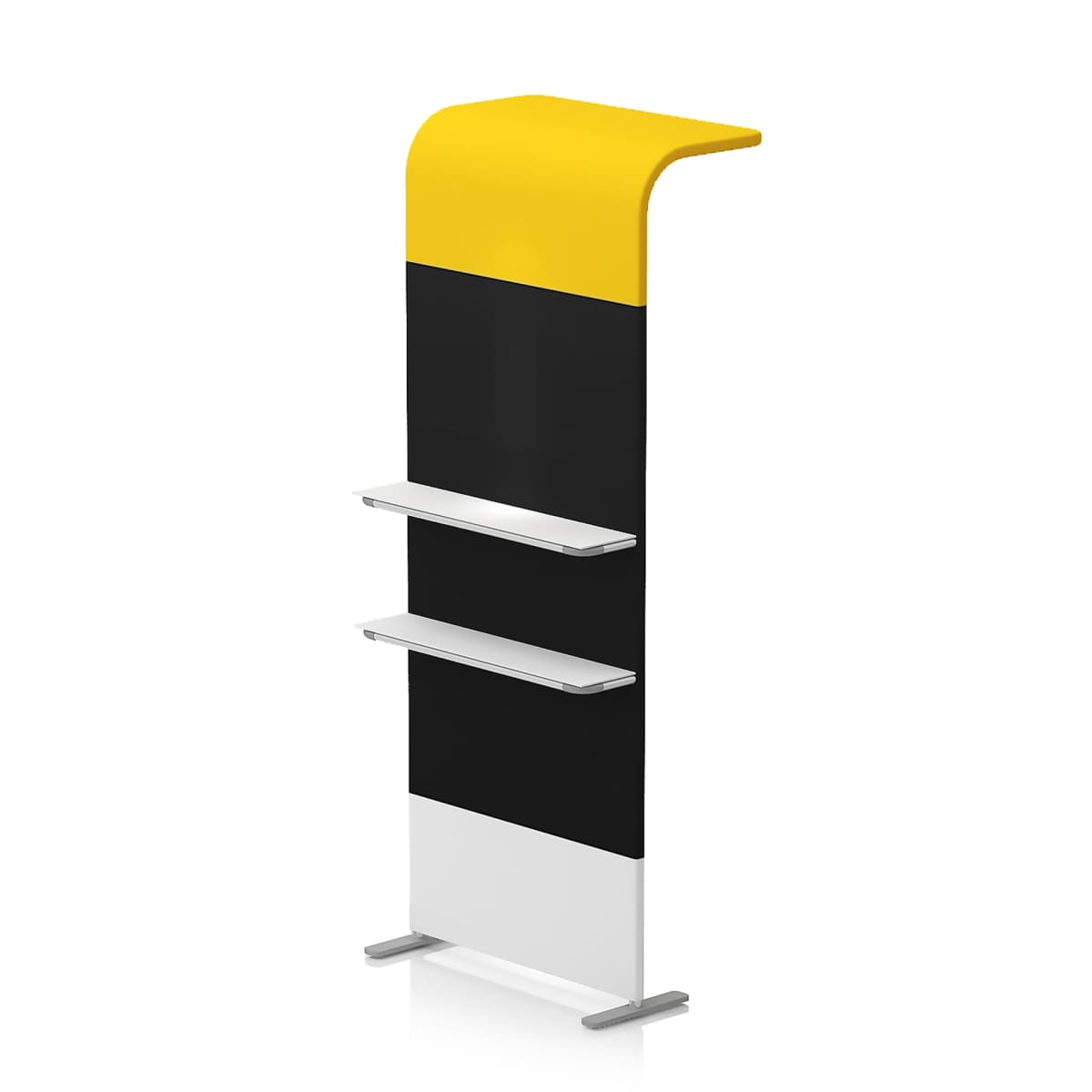 A display stand with a sleek design features a yellow curved top, followed by a black section, and then a white base. It has two horizontal shelves for holding items, supported by a metal frame with feet.