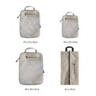 Four beige travel bags with black zippers and mesh fronts, labeled Romantic rose. Sizes are: 35x25x9 cm, 30x20x9 cm, 40x30x9 cm, and a long narrow one at 42x24 cm with handles.