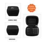 Black, zippered custom packaging box for electronics with two branding options: screen print and debossed. Inside, a black charger with multiple plugs is shown. Orange sticker reads Custom packaging box.