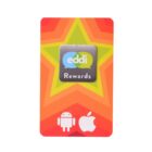 A colorful card featuring a large orange star with green accents in the center. In the middle is a square with eddi Rewards text. Below, there are Android and Apple logos.