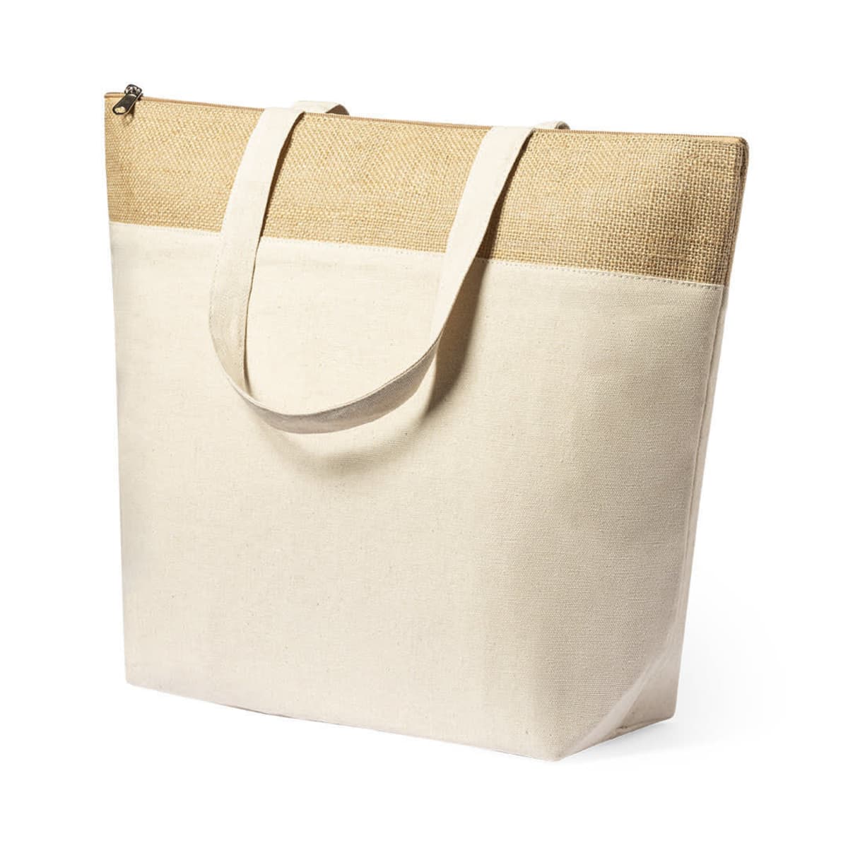 A beige tote bag with a textured, light brown top section and long handles. The bag has a rectangular shape and appears spacious, suitable for carrying groceries or personal items.