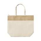 A beige tote bag with a natural burlap trim at the top and two matching handles. The bag has a simple, minimalist design.