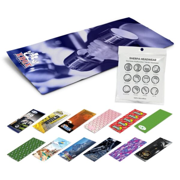 A collage of colorful rectangular cloth designs displayed with a packaged item labeled Sherpa Headwear. Descriptions and logos are visible on some of the cloths, with patterns ranging from solid colors to floral and geometric designs.