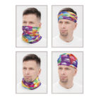 Man demonstrating multi-functional headwear in four styles: as a face and neck cover, headband, neck warmer, and cap. The fabric is colorful with printed logos and patterns. He wears a white shirt and has short hair.