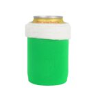 A green can cooler with a white fuzzy trim around the top, holding a can labeled Crystal Spring Peach Tea.