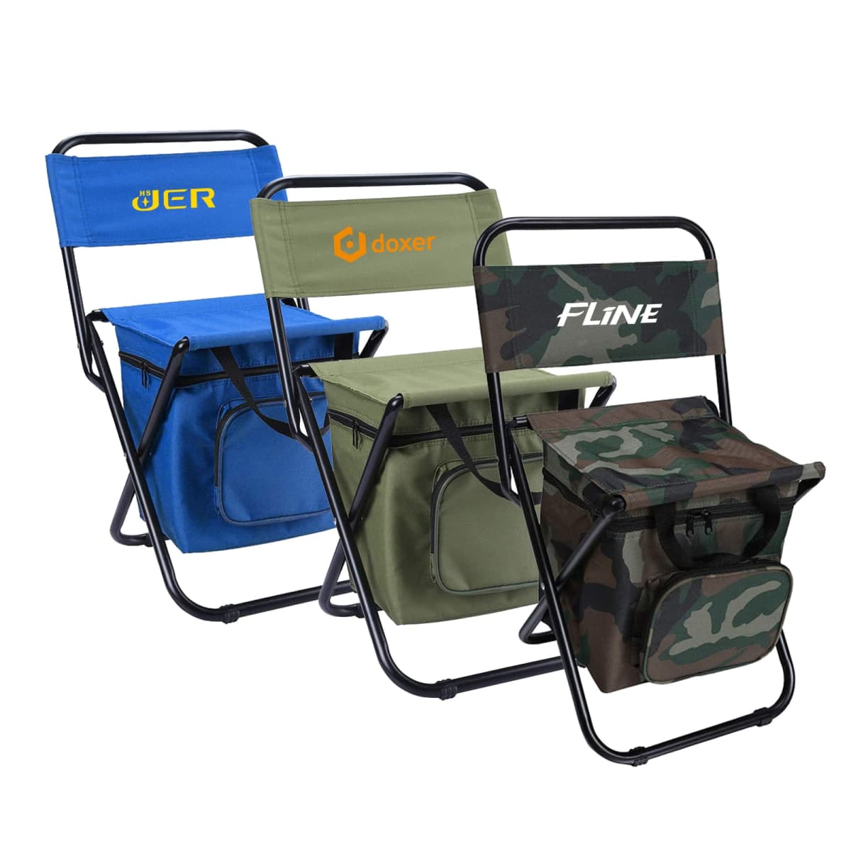 Three portable folding chairs with attached cooler bags are shown. The first is blue, the second is green, and the third has a camouflage pattern. Each chair has a logo on the backrest.