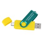 Yellow USB flash drive with a yellow cap and a teal swivel cover labeled Courtenay Gardens Primary School. The drive has both USB-A and USB-C connectors.