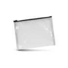 A clear rectangular plastic pouch with a black zipper at the top, photographed against a white background.