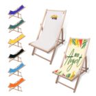 Different colored deck chairs, two with custom designs.