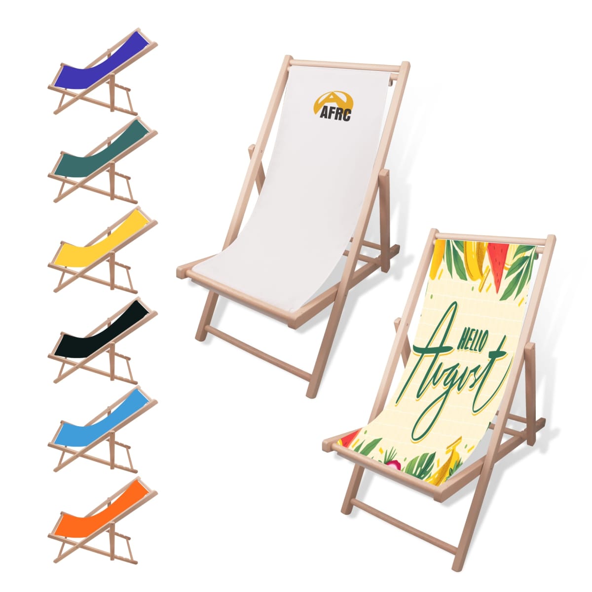 Different colored deck chairs, two with custom designs.