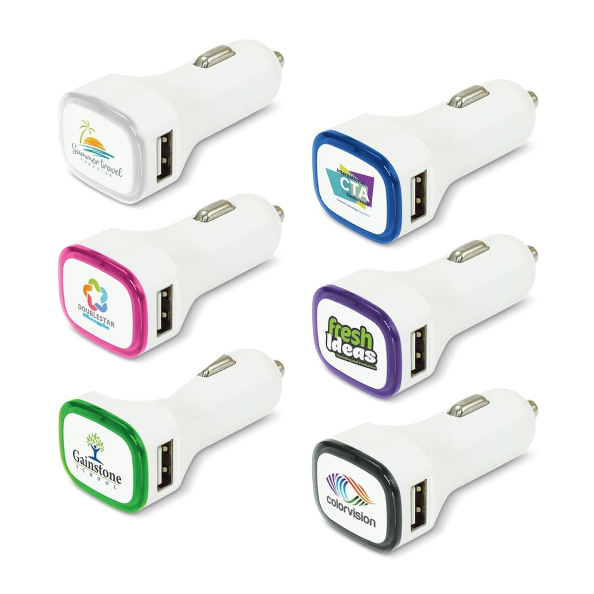 Six white USB car chargers with colorful square logos on top, each featuring a different design and color scheme. Positioned in two rows, the chargers display various branding on their tops.