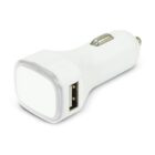A white car charger with a USB port, designed for plugging into a vehicles power outlet. Its sleek and compact design makes it suitable for charging devices on the go.