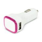 A white car charger with a single USB port is shown. It features a pink trim around the top edge.