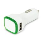 A white car charger with a green trim and USB port is displayed against a plain background. The charger has a sleek, elongated shape, designed to fit into a cars power outlet.