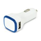 A white and blue USB car charger with one USB port, designed for plugging into a cars power outlet.