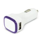 A white USB car charger with a purple trim, designed to fit into a cars cigarette lighter socket. The charger has one USB port on the side for connecting electronic devices. The plug is metallic at the end.