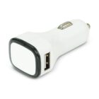 A white USB car charger with a single USB port and a metallic plug for the cars power outlet. It has a sleek, compact design and a black border around the port area.