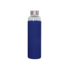 A translucent glass water bottle with a stainless steel cap and a blue silicone sleeve for grip and protection. The bottle is standing upright against a plain white background.