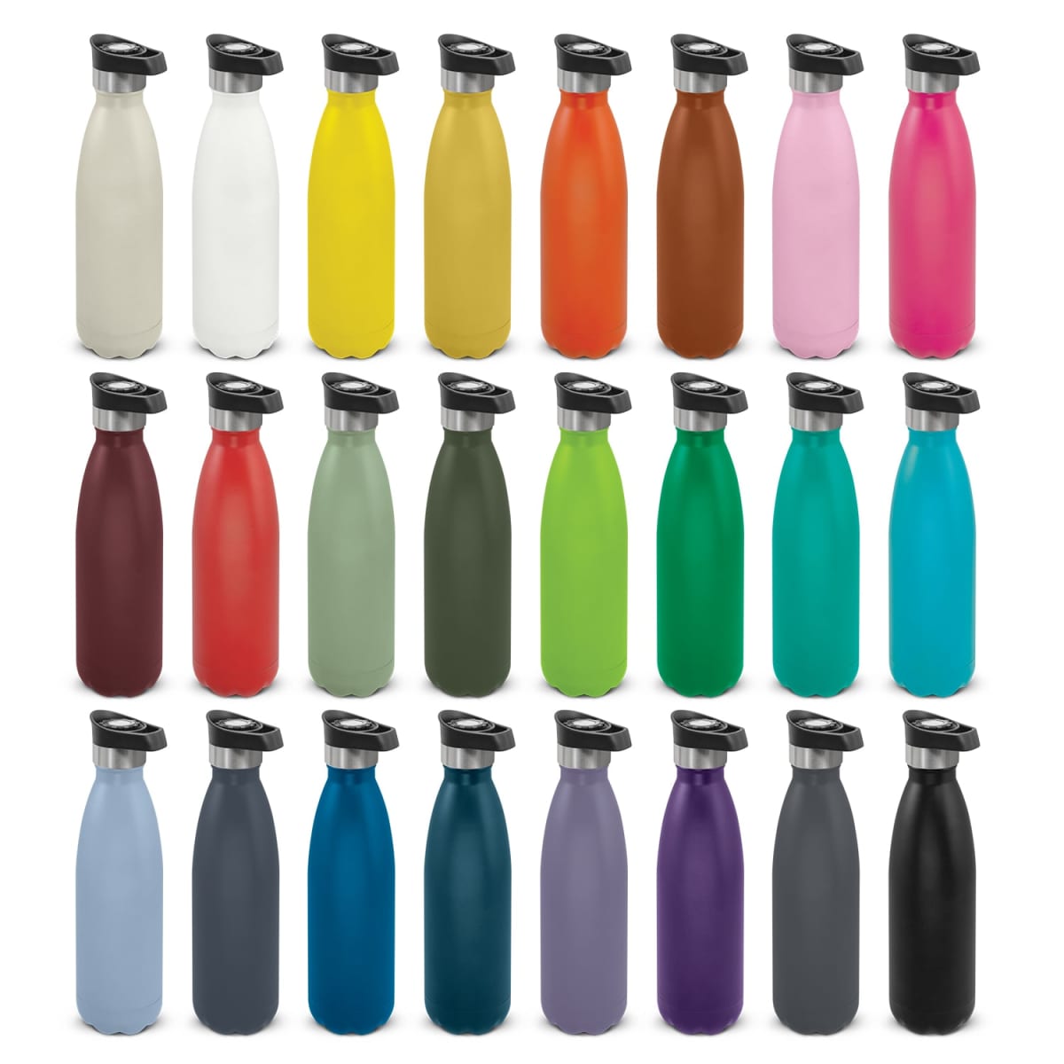 Twenty-five reusable water bottles in various colors, arranged in five rows.