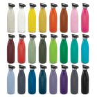 Twenty-five reusable bottles in different colors arranged in five rows on a white background.