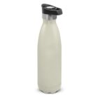 A light gray stainless steel water bottle with a black cap.