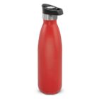 Red stainless steel water bottle with a black flip-top lid, standing upright.