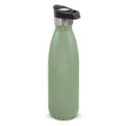 Matte green stainless steel water bottle with a black flip-top lid.