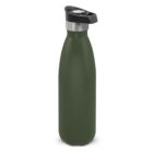 Dark green reusable water bottle with a black and silver lid, standing upright.