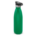 Green stainless steel water bottle with a black and silver lid, standing upright.