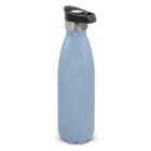 Light blue reusable water bottle with a black and silver lid, shown on a white background.