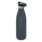 Dark blue reusable water bottle with a black and silver lid, standing upright.