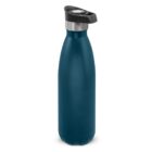 Blue stainless steel water bottle with black cap, standing upright on a white background.