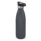 A matte dark gray reusable water bottle with a black and silver lid.