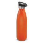 Orange stainless steel water bottle with a black and silver cap on a white background.