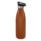 Brown stainless steel water bottle with a black and silver cap on a white background.