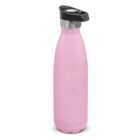 A pink reusable water bottle with a black and silver lid.