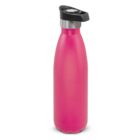 Pink stainless steel water bottle with a black and silver lid on a white background.