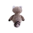 Plush raccoon toy shown from the back, featuring a bushy tail with dark stripes, small ears with white inner parts, and soft brown fur. The toy is sitting upright against a white background.