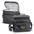 Two black insulated cooler bags with handles and shoulder straps. One is open, revealing a silver interior. The other is closed, displaying a green Olive and Co logo on the front.