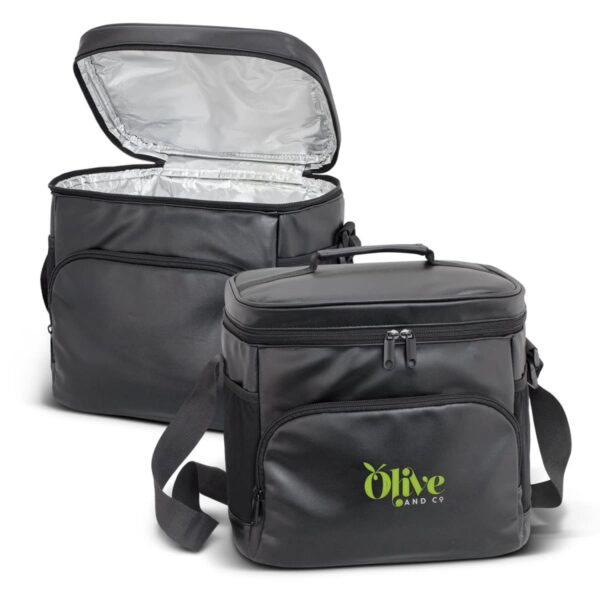 Two black insulated cooler bags with handles and shoulder straps. One is open, revealing a silver interior. The other is closed, displaying a green Olive and Co logo on the front.