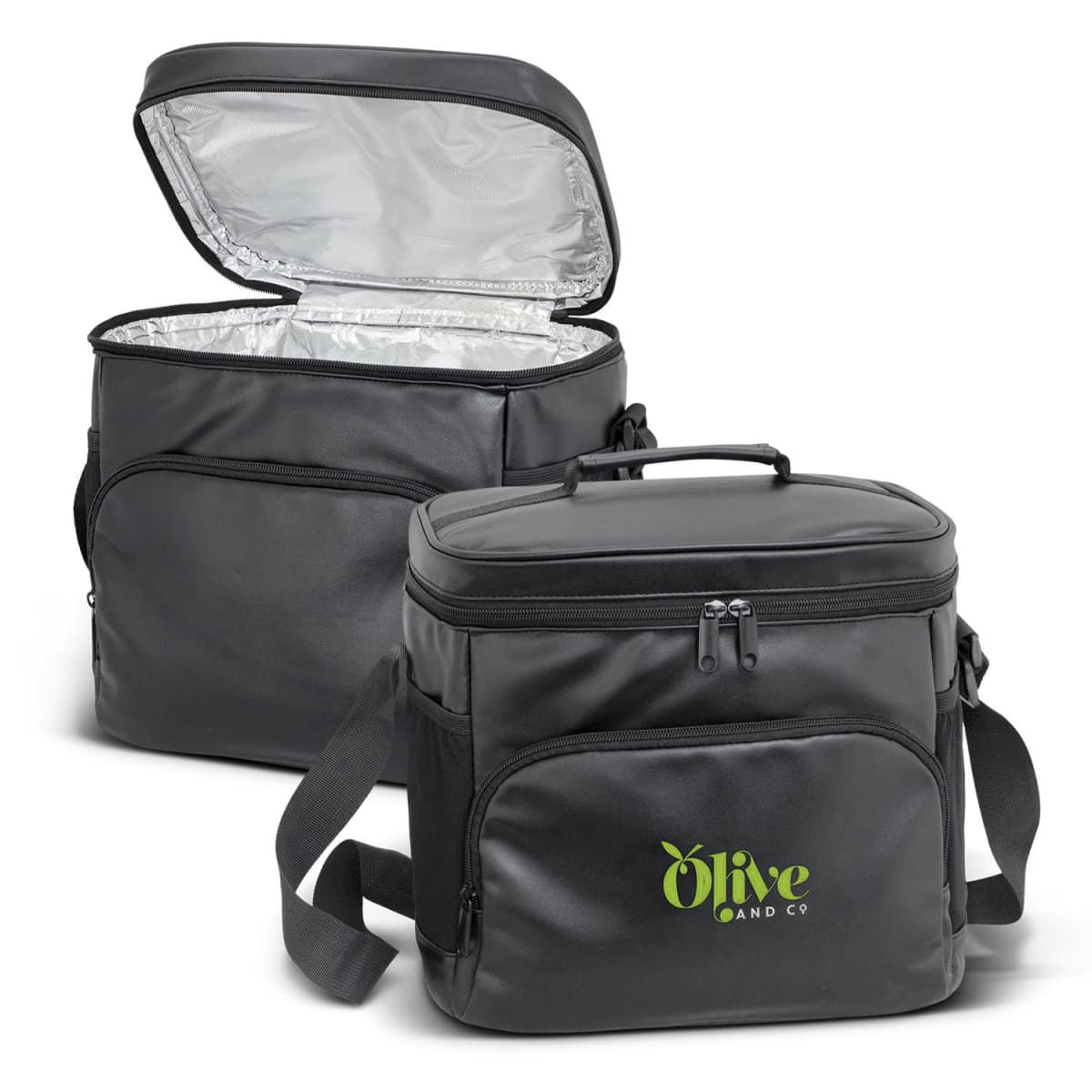 Two black insulated cooler bags, one open and one closed, with handles and zippers. The open bag reveals a shiny interior. Both bags display a green Olive and Co logo.