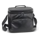 A black insulated lunch bag with a zipper on the top and a front pocket. It has an adjustable shoulder strap and a carrying handle on the top.